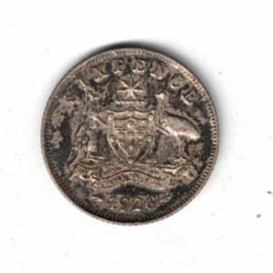 1926 Australia Silver Sixpence Coin . The obverse features the bust of George V facing left. the reverse features the Australia coat of arms.