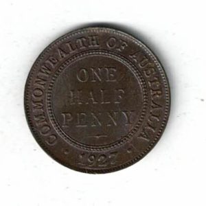 1927 Australia Bronze Half Penny Coin. The obverse features the bust of George V. The reverse features the denomination within circle & date below.
