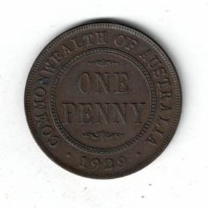 1929 Australia Bronze Penny Coin. The obverse features the bust of George V facing left. the reverse features the denomination within circle & date below.