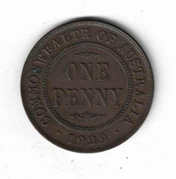 1929 Australia Bronze Penny Coin. The obverse features the bust of George V facing left. the reverse features the denomination within circle & date below.