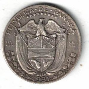 1931 Panama Silver Quarter Balboa Coin . The obverse features the national coat of arms. The reverse features an armoured bust facing left.