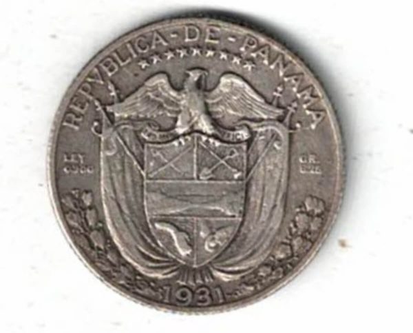 1931 Panama Silver Quarter Balboa Coin . The obverse features the national coat of arms. The reverse features an armoured bust facing left.