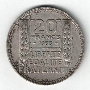 1933 France Silver Twenty Francs Coin. The obverse features a Laureate head facing right, long and short leaves. All coins are in stock.