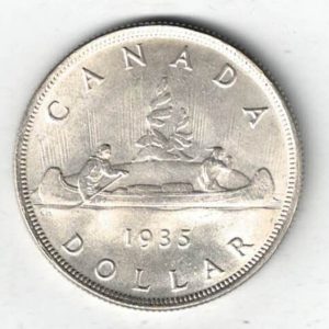 1935 Canada Silver One Dollar Coin. The obverse side of the coin features the portrait of King George V facing left. All coins are in stock.