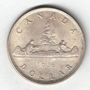 1936 Canada Silver One Dollar Coin. The obverse side of the coin features the portrait of King George V facing left. All coins are in stock.