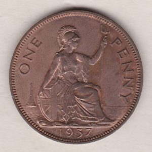 1937 Proof Bronze Penny coin. The obverse features the portrait of King George VI. The coin depicts Britannia seated to the right on the Reverse.