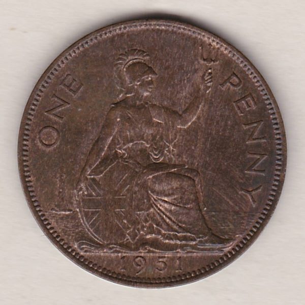 1951 Bronze Penny coin. The obverse features the portrait of King George VI. The coin depicts Britannia seated to the right on the Reverse.