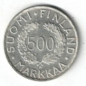 1952 H Finland Five Hundred Markkaa Coin. The obverse features the denomination inside wreath, legend surrounding. All coins are instock.