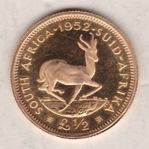 1952 South Africa Proof Gold Half Pond coin featuring King George VI on the Obverse. The Springbok, date and denomination on the reverse.