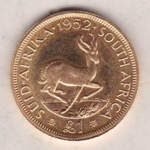 1952 South Africa Proof Gold Pond coin featuring King George VI on the Obverse. The reverse features the Springbok, date and denomination.