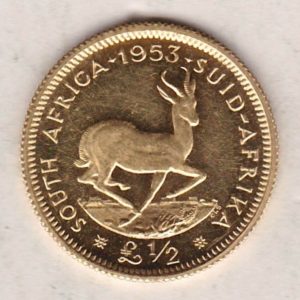 1953 South Africa Proof Gold Half Pond coin featuring Queen Elizabeth II on the Obverse. The Springbok, date and denomination on the reverse.