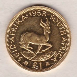 1953 South Africa Proof Gold Pond coin featuring Queen Elizabeth II on the Obverse. The reverse features the Springbok, date and denomination.