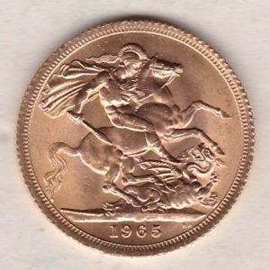 1965 Gold Sovereign Coin featuring the first portrait of Queen Elizabeth II on the Obverse. St George and the Dragon on the Reverse.