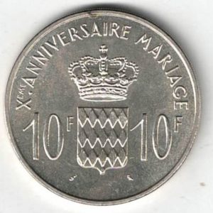 1966 Monaco Silver Ten Francs Coin. The obverse features the faces of Grace and Rainier III of Monaco facing left with date below.