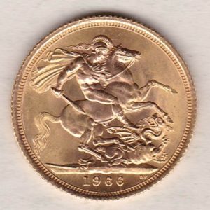 1966 Gold Sovereign Coin featuring the first portrait of Queen Elizabeth II on the Obverse. St George and the Dragon on the Reverse.