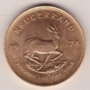 1974 South Africa Gold One Ounce Krugerrand. Investment one ounce gold coin featuring Paul Kruger on the Obverse. The springbok on the Reverse.