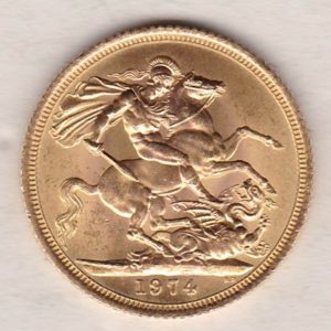 1974 Gold Sovereign Coin. This coin features the second portrait of Queen Elizabeth II on the obverse. St George and dragon on the reverse.
