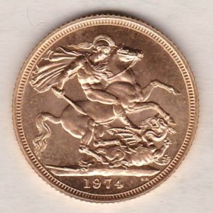 1974 Gold Sovereign Coin. This coin features the second portrait of Queen Elizabeth II on the obverse. St George and dragon on the reverse.