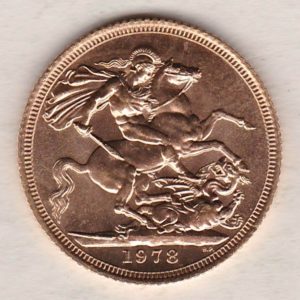 1978 Gold Sovereign Coin. This coin features the second portrait of Queen Elizabeth II on the obverse. St George and dragon on the reverse.