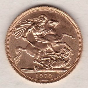 1979 Gold Sovereign Coin. This coin features the second portrait of Queen Elizabeth II on the obverse. St George and dragon on the reverse.