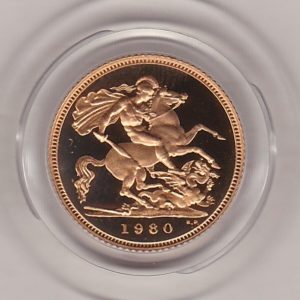 1980 gold proof half sovereign coin in capsule. This coin features Queen Elizabeth II on the obverse and St George and the dragon on the Reverse.