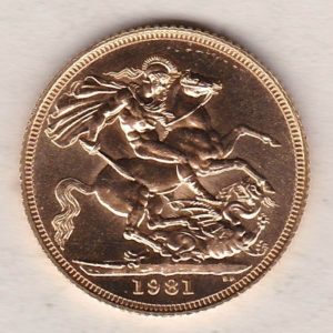 1981 Gold Sovereign Coin. This coin features the second portrait of Queen Elizabeth II on the obverse. St George and dragon on the reverse.