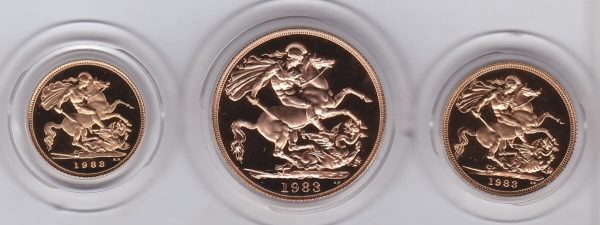 1983 Gold Proof Three Coin Set. This three coin gold sovereign set comes boxed with certificate as issued by the Royal Mint.