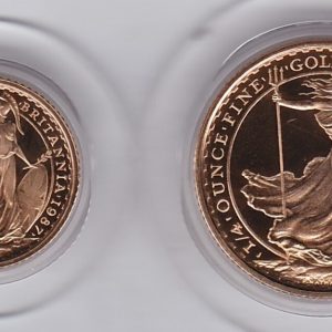 1987 Gold Proof Two Coin Britannia Set. The two coins are quarter ounce Britannia and tenth ounce Britannia. This set comes boxed with certificates.