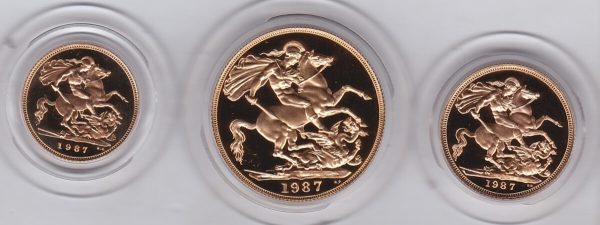 1987 Gold Proof Three Coin Set. This three coin gold sovereign set comes boxed with certificate as issued by the Royal Mint.