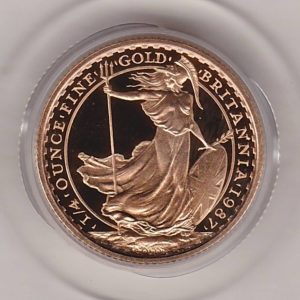 1987 Gold Proof Quarter Ounce Britannia coin features Queen Elizabeth II on the Obverse. Standing Britannia on the Reverse. Quarter ounce gold coin.