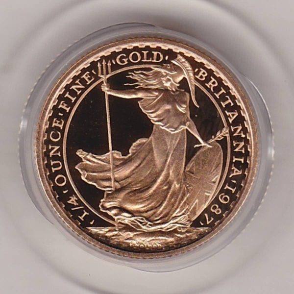 1987 Gold Proof Quarter Ounce Britannia coin features Queen Elizabeth II on the Obverse. Standing Britannia on the Reverse. Quarter ounce gold coin.