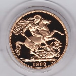 1988 Gold Proof Three Coin Set. This three coin gold sovereign set comes boxed with certificate as issued by the Royal Mint.