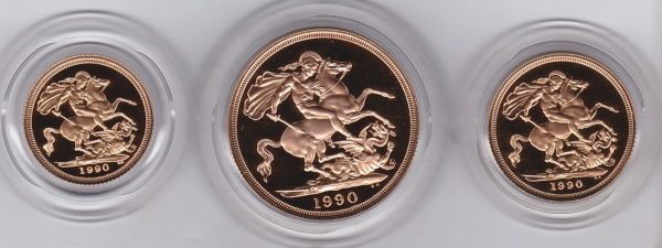 1990 Gold Proof Three Coin Set. This three coin gold sovereign set comes boxed with certificate as issued by the Royal Mint.