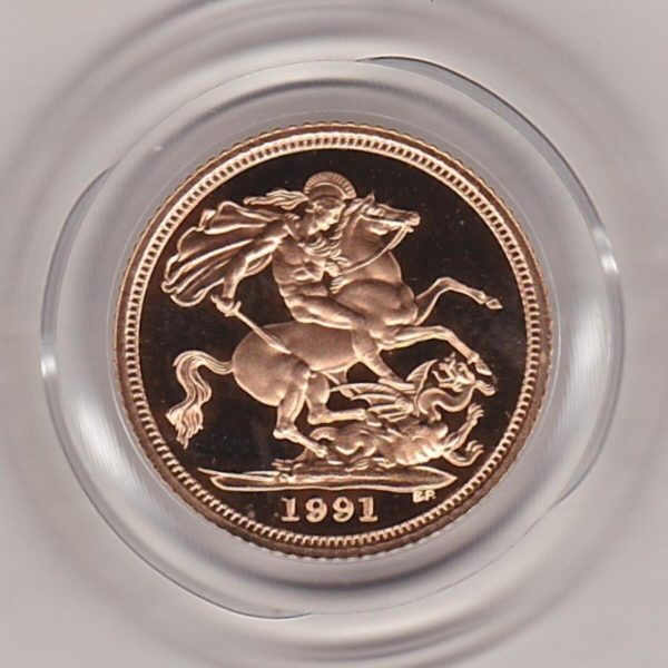 1991 gold proof half sovereign coin in capsule. This coin features Queen Elizabeth II on the obverse and St George and the dragon on the Reverse.
