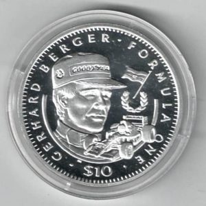 1992 Liberia Silver One Ounce Gerhard Berger. This coin does feature a formula 1 car. This coin contains one ounce of 999 fine silver.