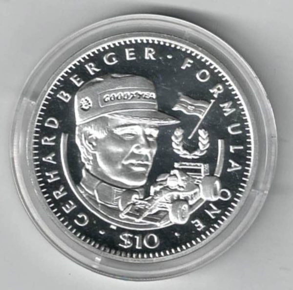 1992 Liberia Silver One Ounce Gerhard Berger. This coin does feature a formula 1 car. This coin contains one ounce of 999 fine silver.