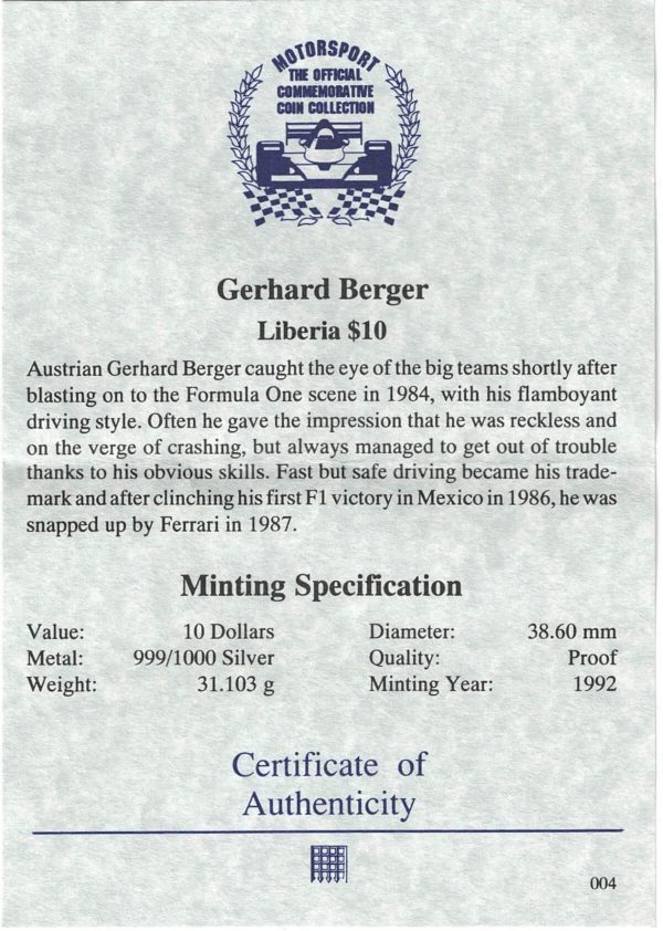 1992 Liberia Silver One Ounce Gerhard Berger - Image 3