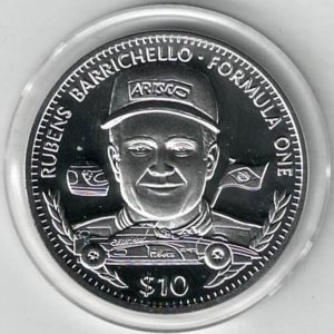 1995 Liberia Silver One Ounce Rubens Barrichello. This coin does feature a formula 1 car. This coin contains one ounce of 999 fine silver.