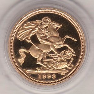 1993 gold proof half sovereign coin in capsule. This coin features Queen Elizabeth II on the obverse and St George and the dragon on the Reverse.