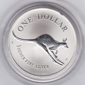 1994 Silver Australia One Ounce Kangaroo. Elizabeth II is on the obverse, The kangaroo is on the reverse. The coin contains one ounce of 999 fine silver.