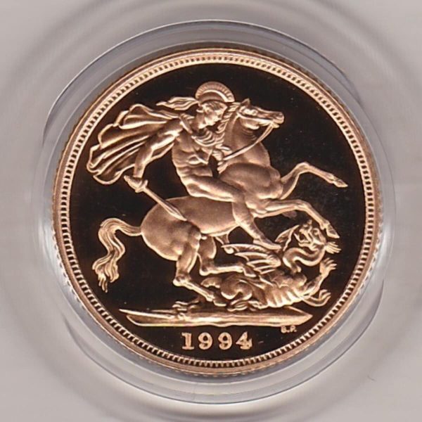 1994 gold proof sovereign coin featuring queen Elizabeth II on the Obverse & St George and the Dragon Reverse. This coin comes in a plastic coin capsule.