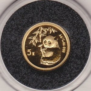 1995 China Gold Twentieth Ounce Panda Coin. The Gold Twentieth Ounce Panda coin was struck in 999 Fine Gold and weighs approx. 1.56 grams.