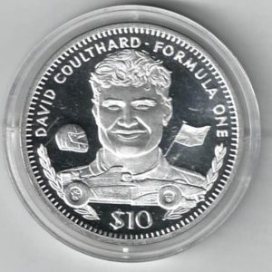 1995 Liberia Silver One Ounce David Coultard. This coin does feature a formula 1 car. This coin contains one ounce of 999 fine silver.