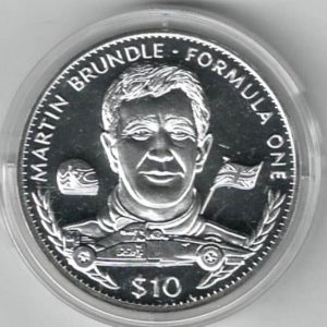 1995 Liberia Silver One Ounce Martin Brundle. This coin does feature a formula 1 car. This coin contains one ounce of 999 fine silver.