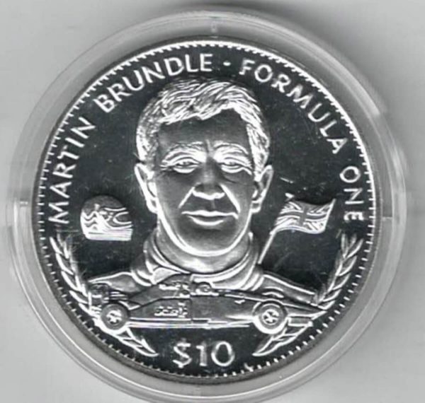 1995 Liberia Silver One Ounce Martin Brundle. This coin does feature a formula 1 car. This coin contains one ounce of 999 fine silver.