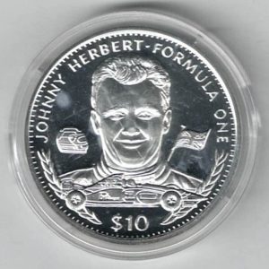 1996 Liberia Silver One Ounce Johnny Herbert This coin does feature a formula 1 car. This coin contains one ounce of 999 fine silver.