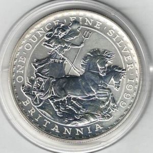1999 Silver Britannia One Ounce Coin. The coin contains one ounce of fine silver. All of our silver coins have been pre-owned and are in stock.