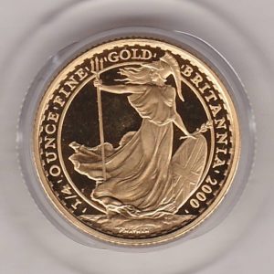 2000 Gold Proof Quarter Ounce Britannia coin featuring Queen Elizabeth II on the Obverse. The standing figure of Britannia on the Reverse.