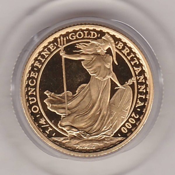2000 Gold Proof Quarter Ounce Britannia coin featuring Queen Elizabeth II on the Obverse. The standing figure of Britannia on the Reverse.