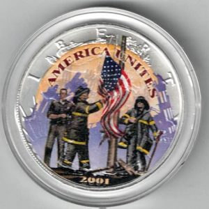 2001 Silver USA American Heroes Colourised One Ounce Eagle , The eagle is on the reverse. The coin contains one ounce of 999 fine silver.